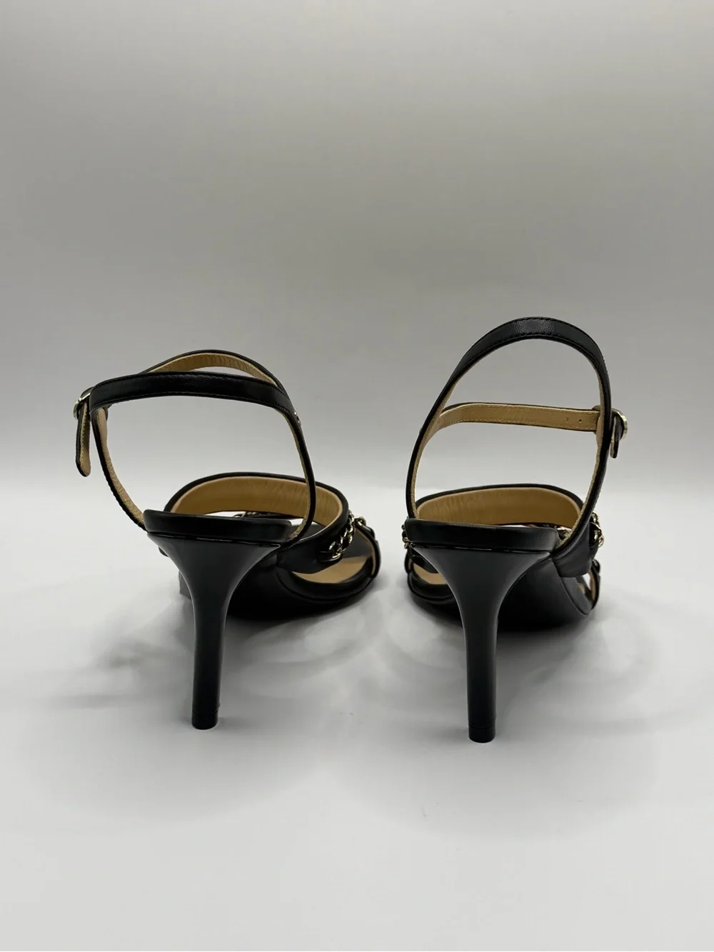 CHANEL Black Leather Chain-Trim High Heel Sandals